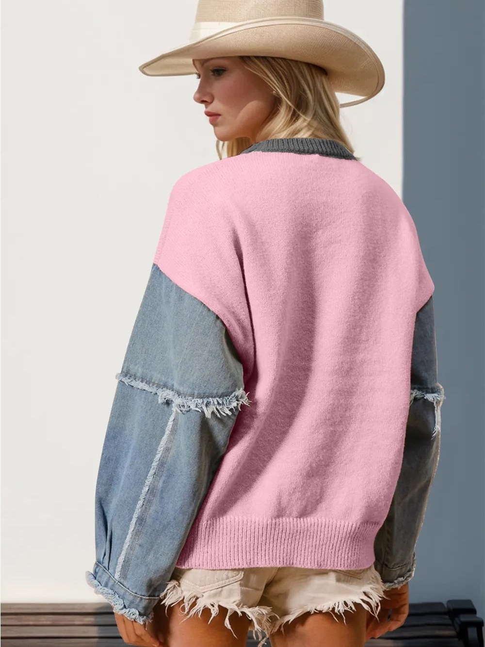 Double Take Star Knit Denim Sleeve Sweater Pink Grey S/M New - Picture 9 of 9